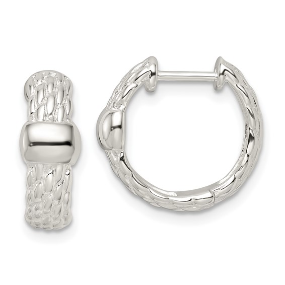 Sterling Silver Polished Basket Weave Hinged Hoop Earrings