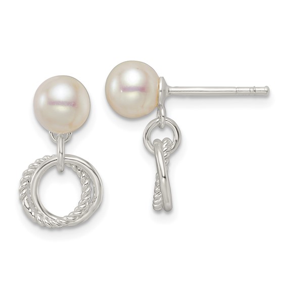 Sterling Silver Polished Glass Pearl Dangle Post Earrings