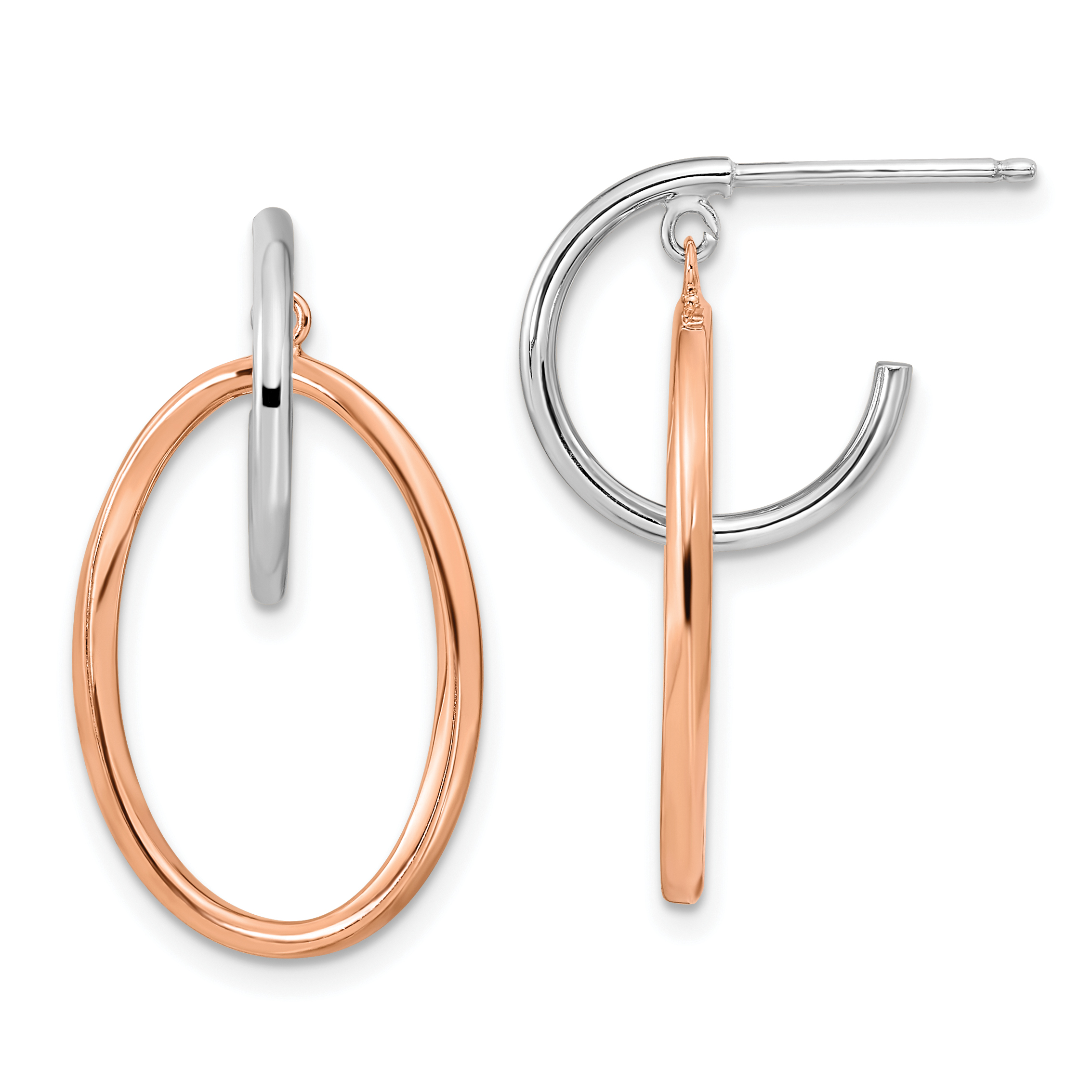 Sterling Silver Rhodium-plated Rose Gold-plated Oval Dangle Hoop Earrings (QE16012)