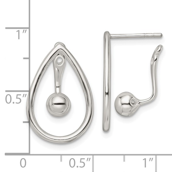 Sterling Silver Polished Teardrop w/Drop & Dangle Ball Threader Post Earrin