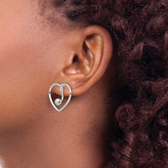 Sterling Silver Polished Heart w/Drop and Dangle Ball Threader Post Earring