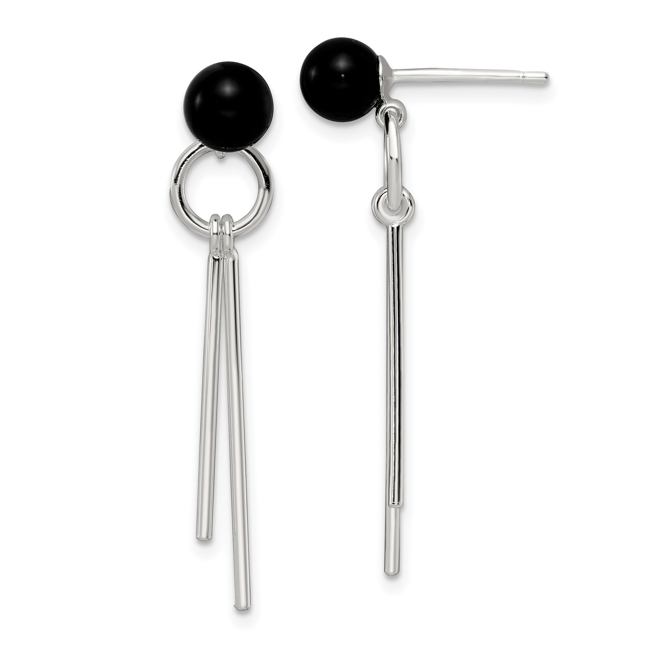 Sterling Silver Polished Fancy Onyx Bead & Bars Post Dangle Earrings (QE16043)