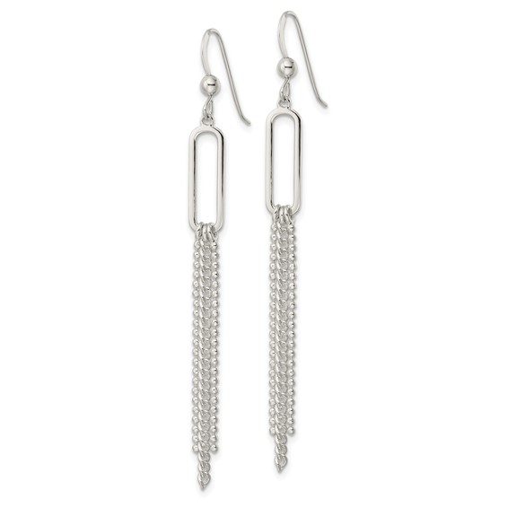 Sterling Silver Polished Oval and Multi-Strand Beaded Chain Dangle Earrings