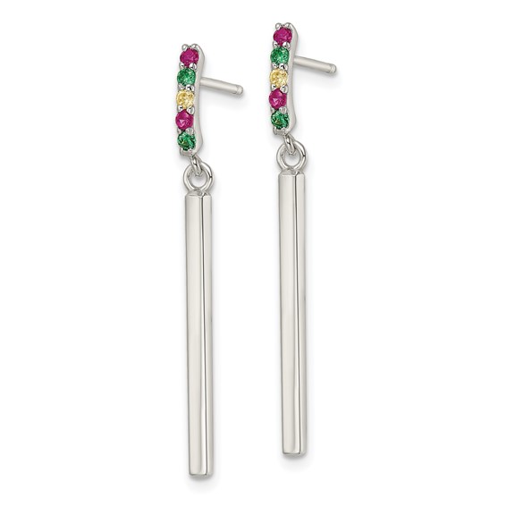 Sterling Silver Red/Green/Yellow CZ Dangle Bar Post Earrings