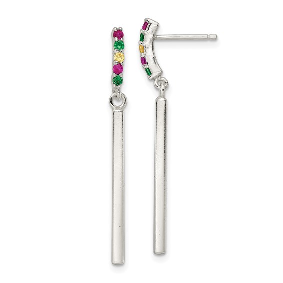 Sterling Silver Red/Green/Yellow CZ Dangle Bar Post Earrings