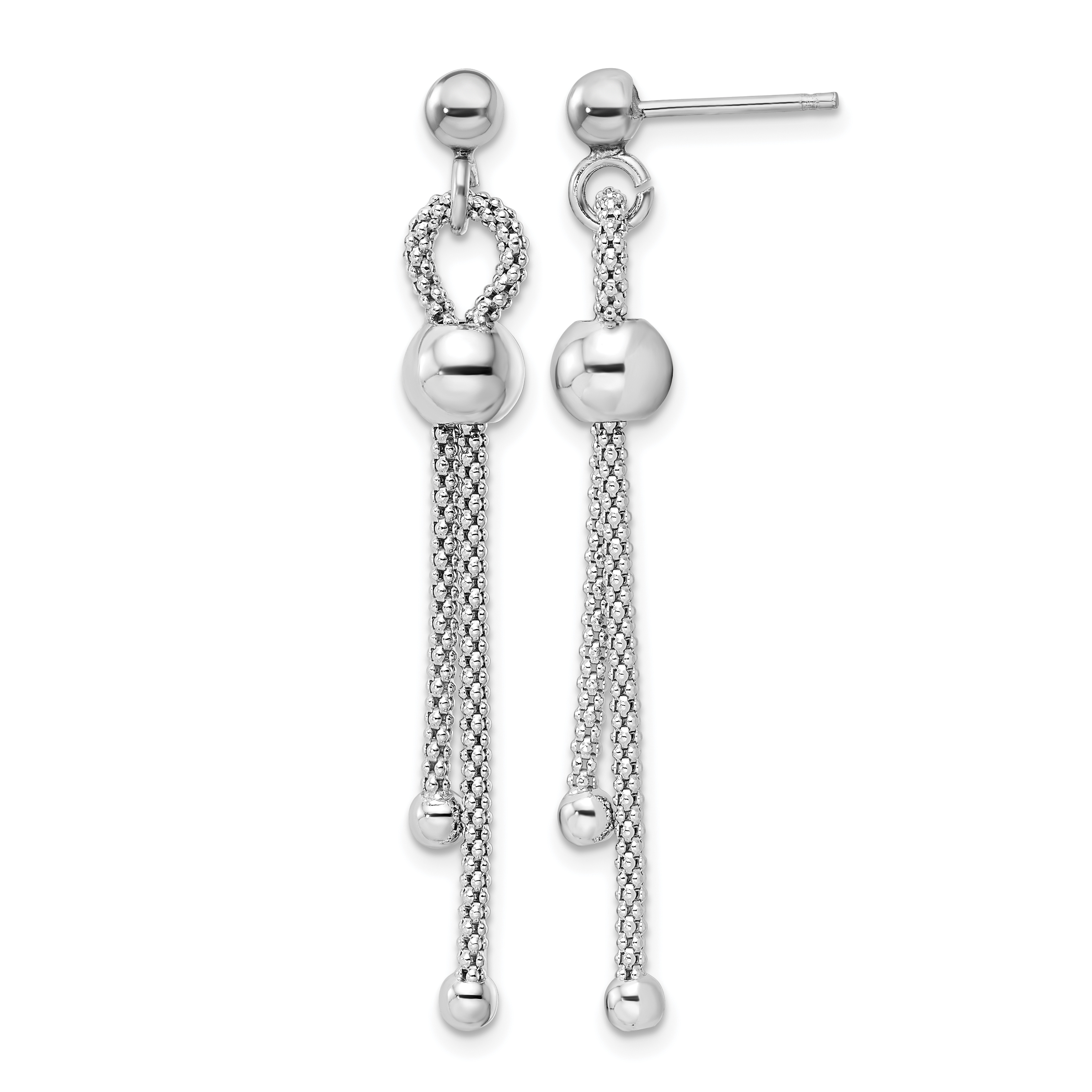 Sterling Silver Rhod-plated Polished Beaded Chain Post Dangle Earrings (QE16057)
