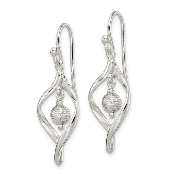 Sterling Silver Polished & Diamond-cut Twist w/Ball Center Dangle Earrings