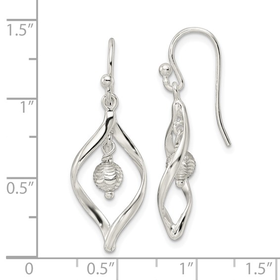 Sterling Silver Polished & Diamond-cut Twist w/Ball Center Dangle Earrings