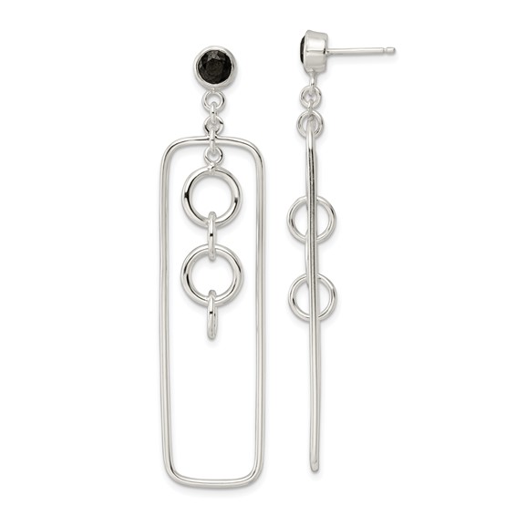 Sterling Silver Black CZ Rectangle and Chain Dangle Post Earrings