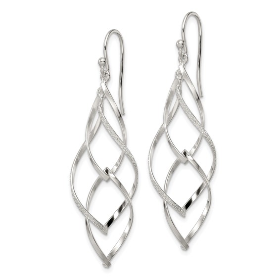 Sterling Silver Polished & Lasered Texture Twisted Dangle Hook Earrings