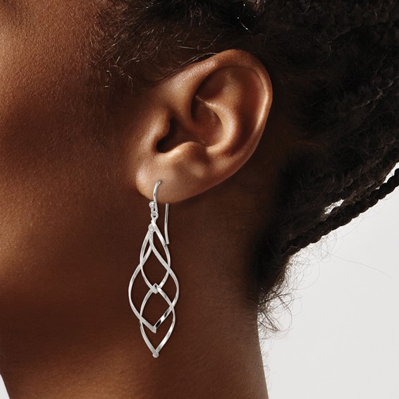 Sterling Silver Polished & Lasered Texture Twisted Dangle Hook Earrings