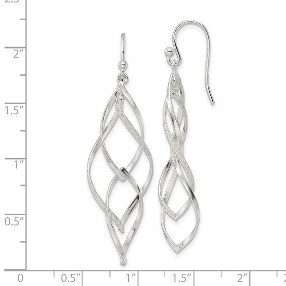 Sterling Silver Polished & Lasered Texture Twisted Dangle Hook Earrings