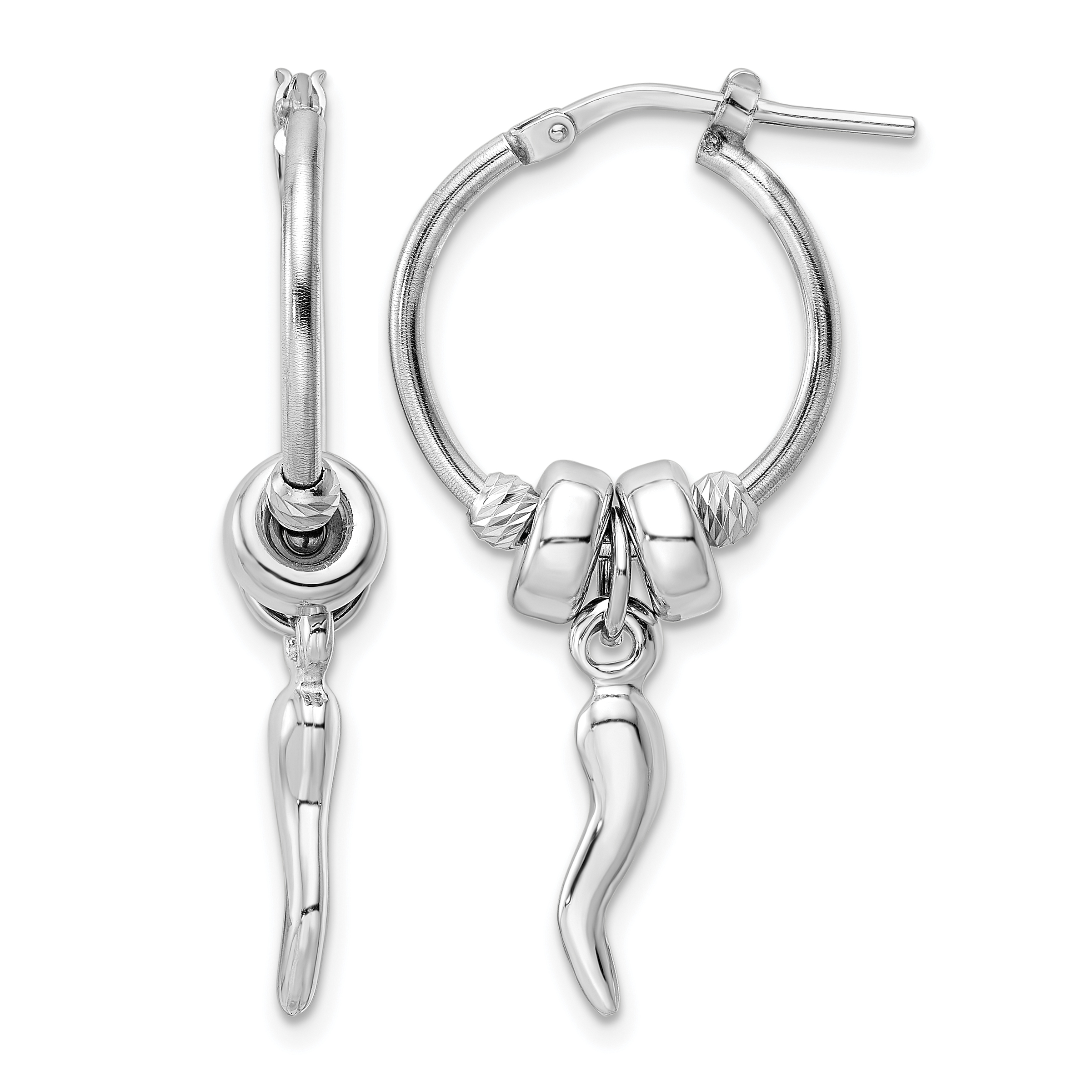 Sterling Silver Rhodium-plated D/C Bead Italian Horn Dangle Hoop Earrings (QE16083)