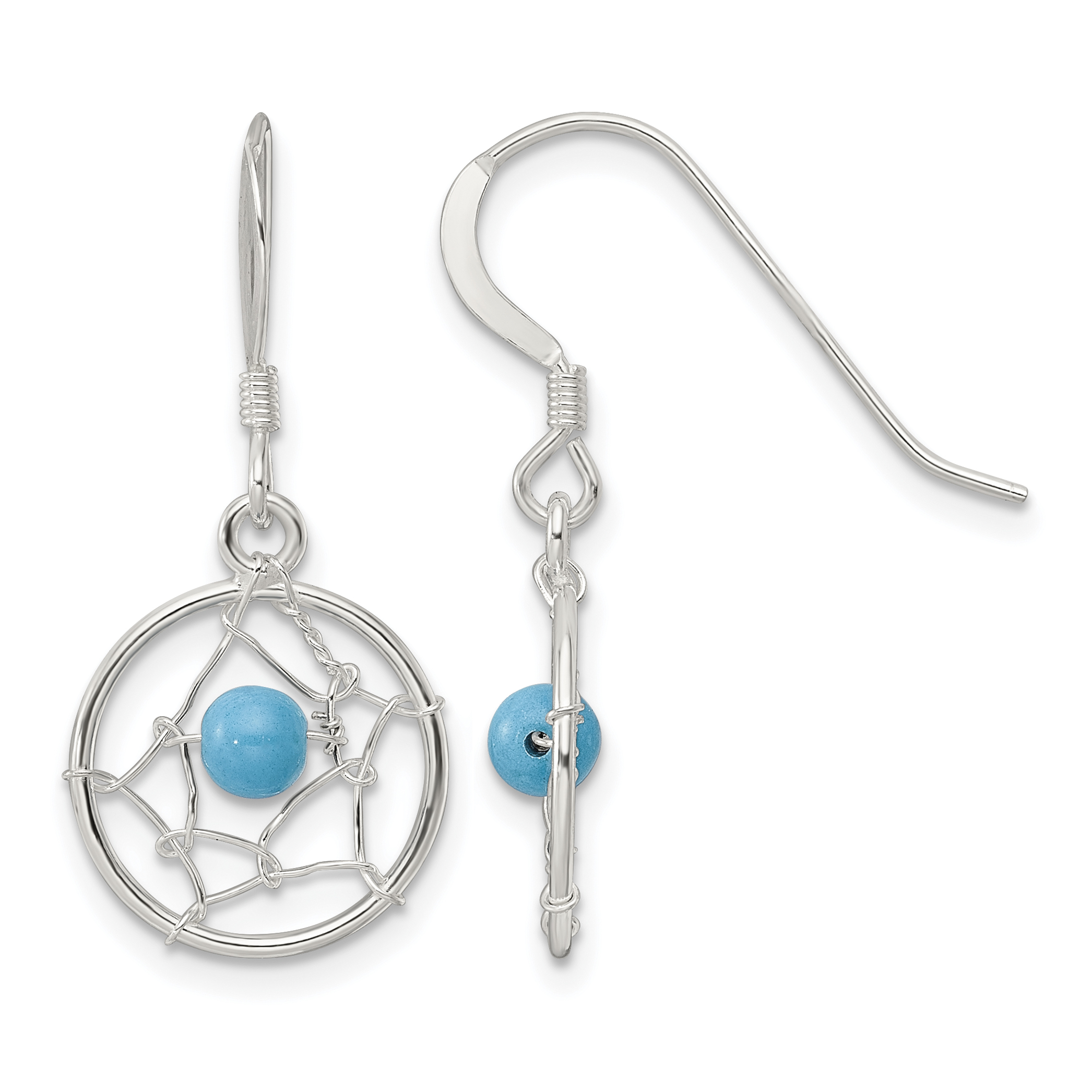 Sterling Silver Polished Turquoise Bead Dream Catcher Dangle Earrings (QE16084)