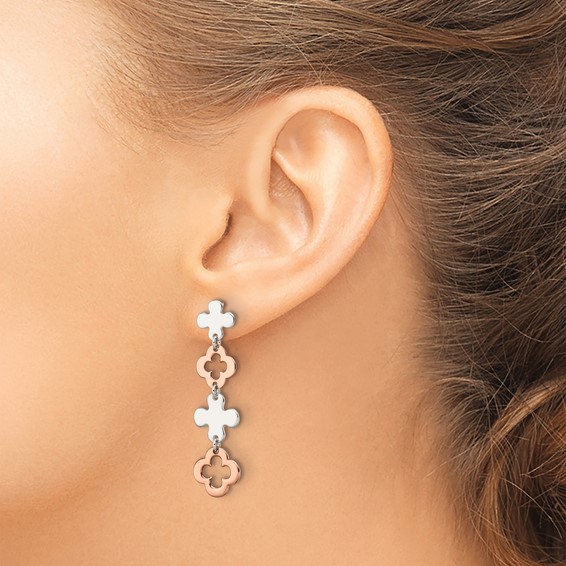 Sterling Silver Rose-tone Flower Dangle Post Earrings