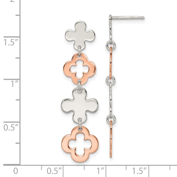 Sterling Silver Rose-tone Flower Dangle Post Earrings