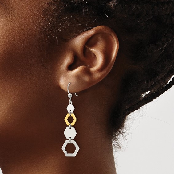 Sterling Silver & Gold-tone Polished Hexagon Dangle Earrings