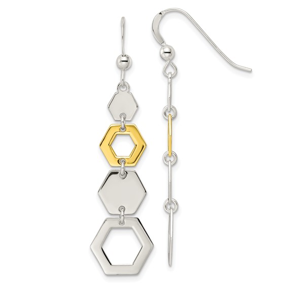 Sterling Silver & Gold-tone Polished Hexagon Dangle Earrings