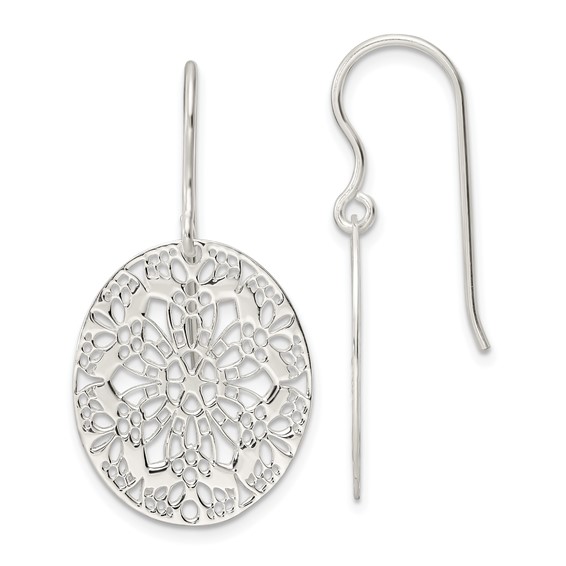 Sterling Silver Polished Floral Oval Dangle Earrings