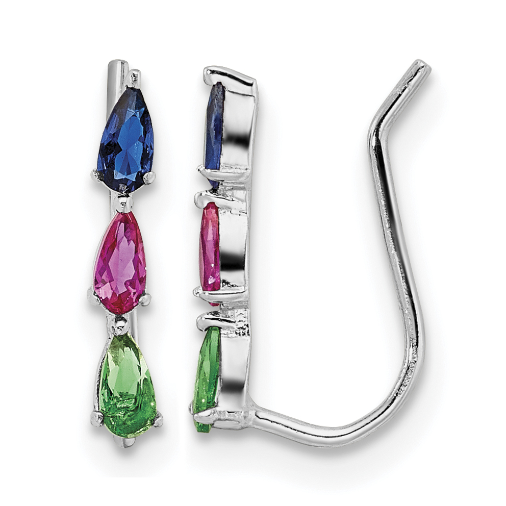 Sterling Silver RH-plated Polished Multi-color Pear CZ Ear Climber Earrings (QE16108)
