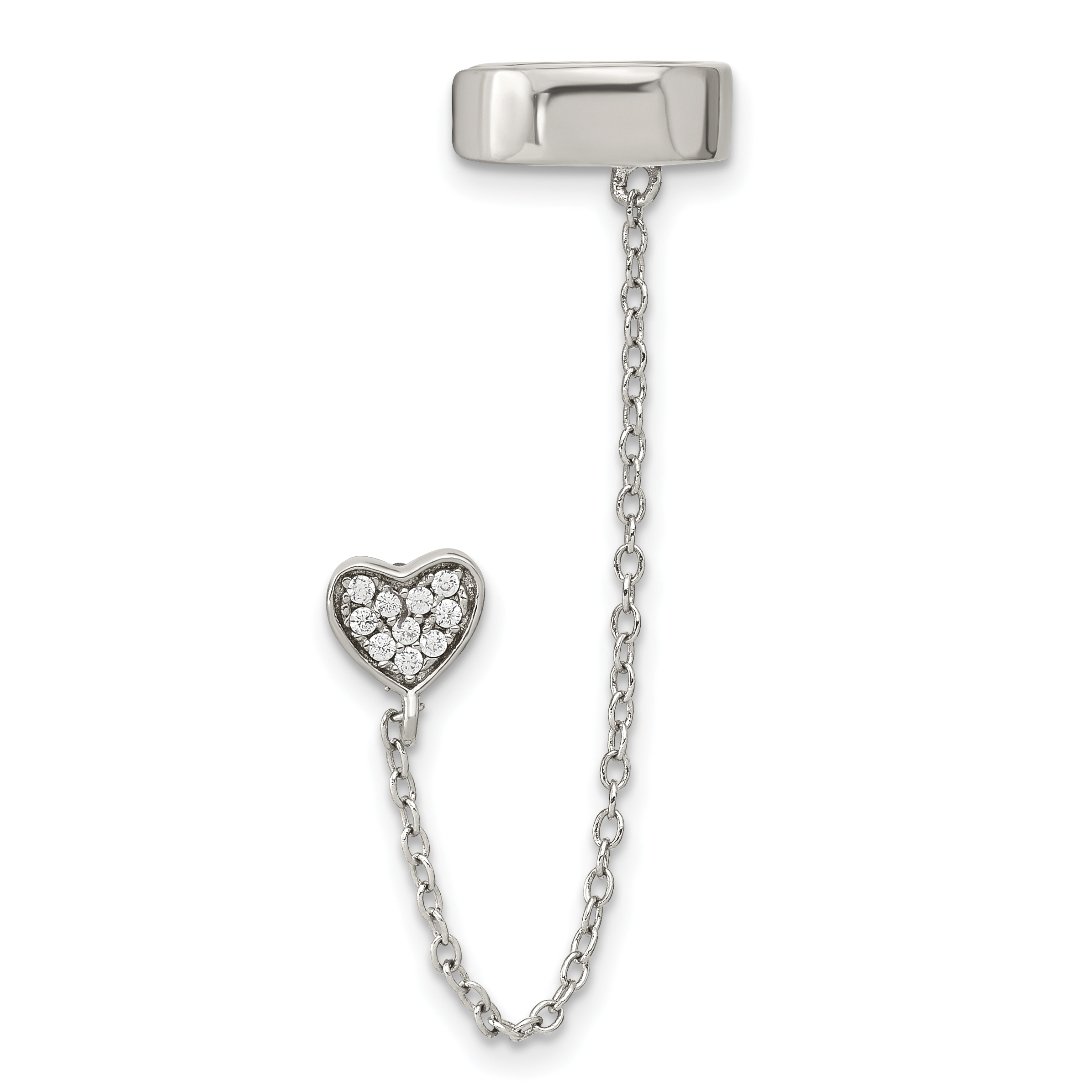Sterling Silver RH-plated CZ Heart w/ 2in Chain Single Post & Cuff Earrin (QE16113)