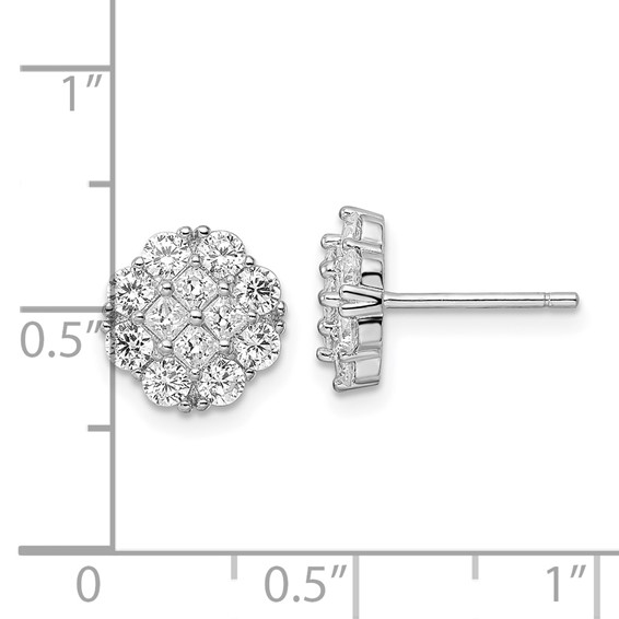 Sterling Silver Rhodium-plated Polished CZ Cluster Flower Post Earrings