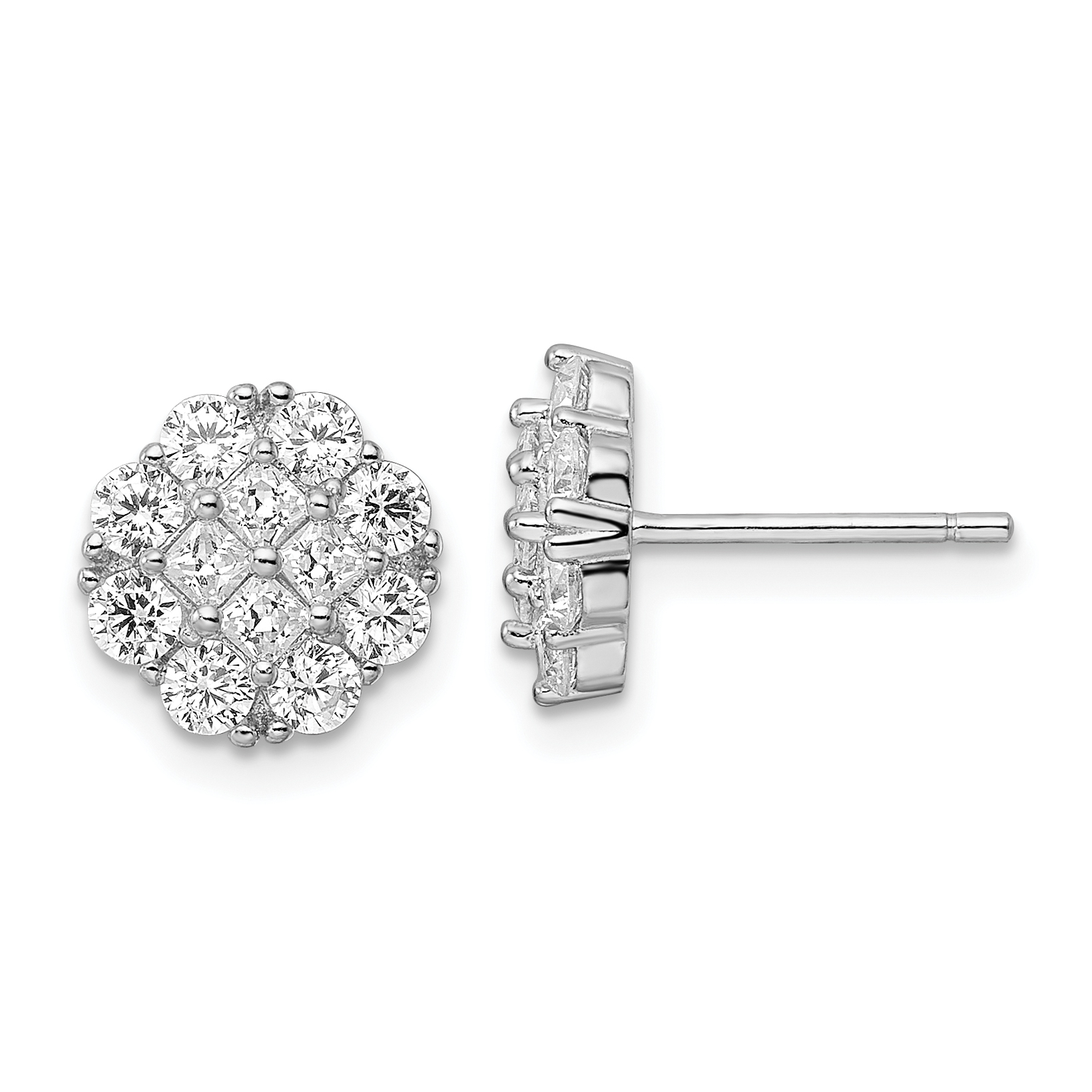 Sterling Silver Rhodium-plated Polished CZ Cluster Flower Post Earrings (QE16121)
