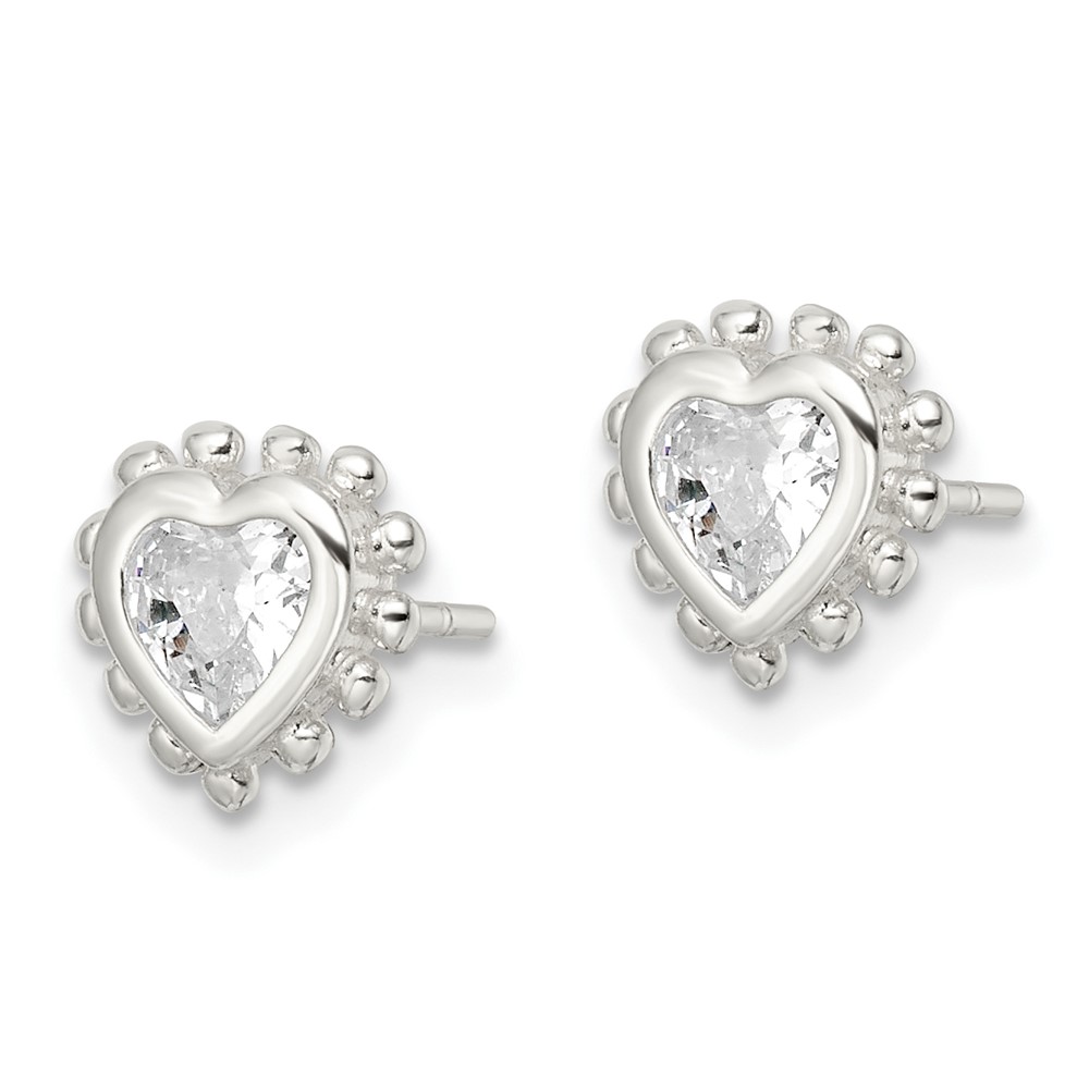 Sterling Silver Polished & Beaded Edge Heart CZ Post Earrings (QE16122)