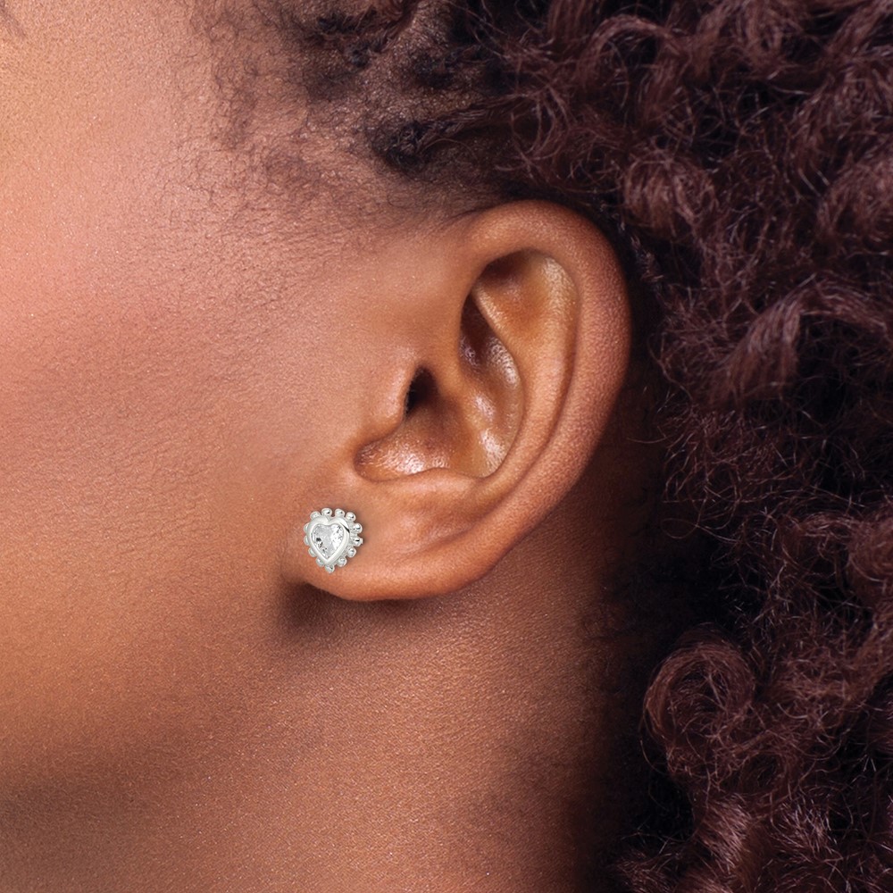 Sterling Silver Polished & Beaded Edge Heart CZ Post Earrings (QE16122)