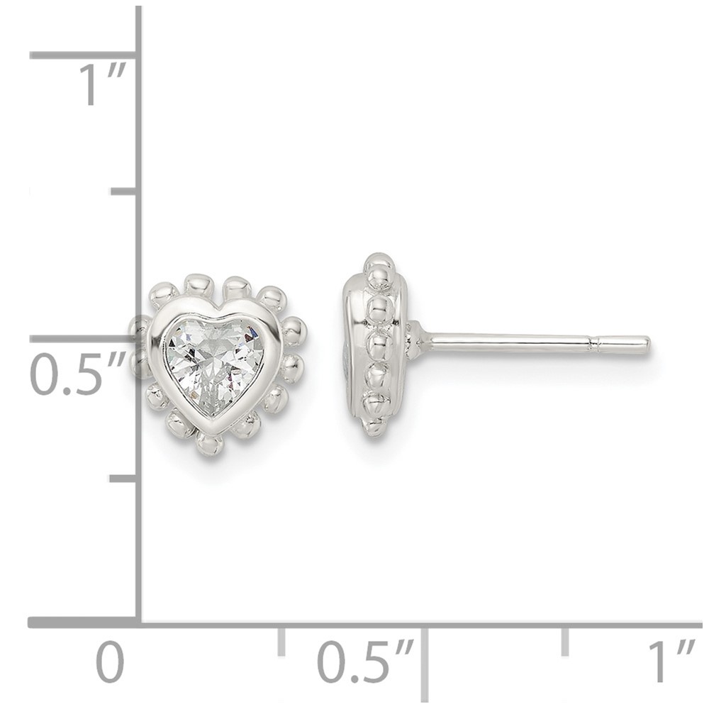 Sterling Silver Polished & Beaded Edge Heart CZ Post Earrings (QE16122)