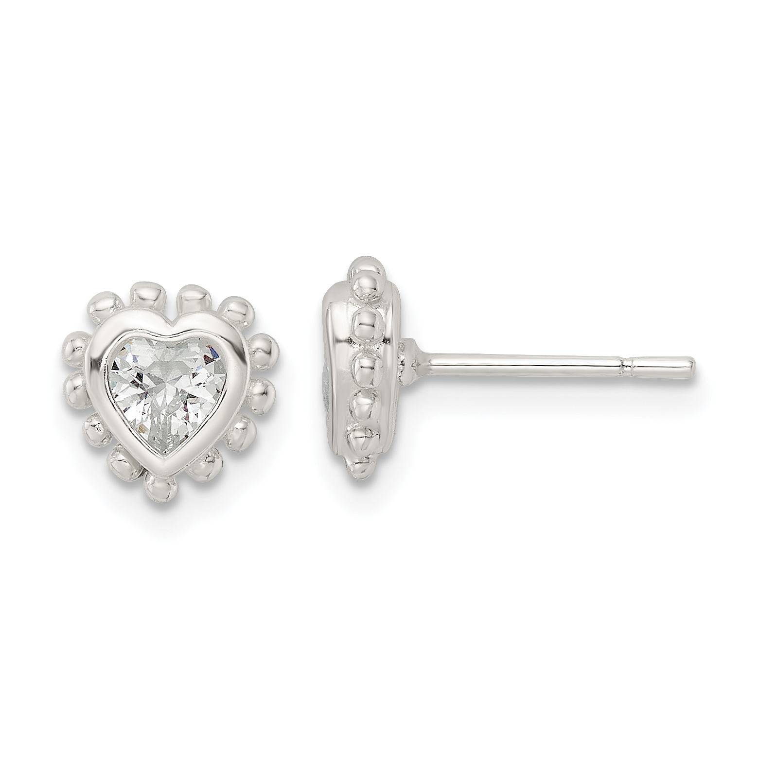 Sterling Silver Polished & Beaded Edge Heart CZ Post Earrings (QE16122)