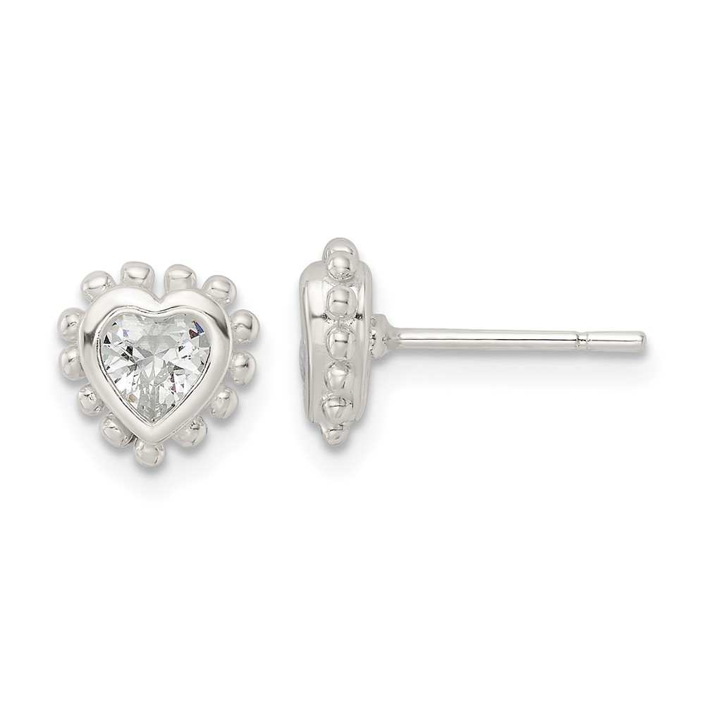 Sterling Silver Polished & Beaded Edge Heart CZ Post Earrings (QE16122)