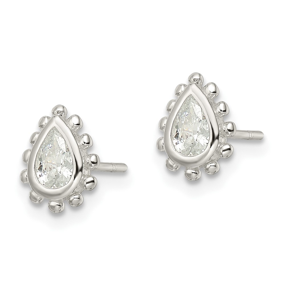 Sterling Silver Polished & Beaded Edge Pear CZ Post Earrings (QE16123)