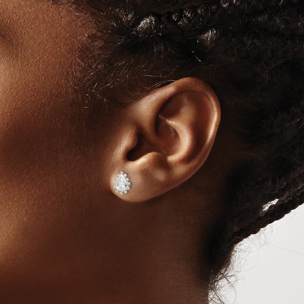 Sterling Silver Polished & Beaded Edge Pear CZ Post Earrings (QE16123)