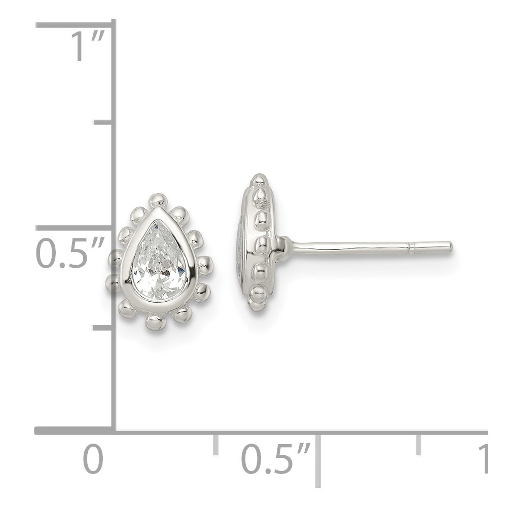 Sterling Silver Polished & Beaded Edge Pear CZ Post Earrings (QE16123)