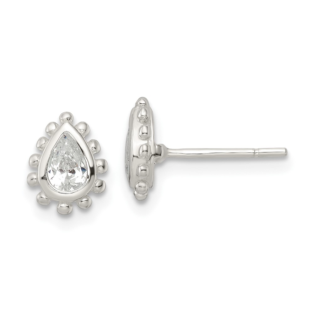 Sterling Silver Polished & Beaded Edge Pear CZ Post Earrings (QE16123)