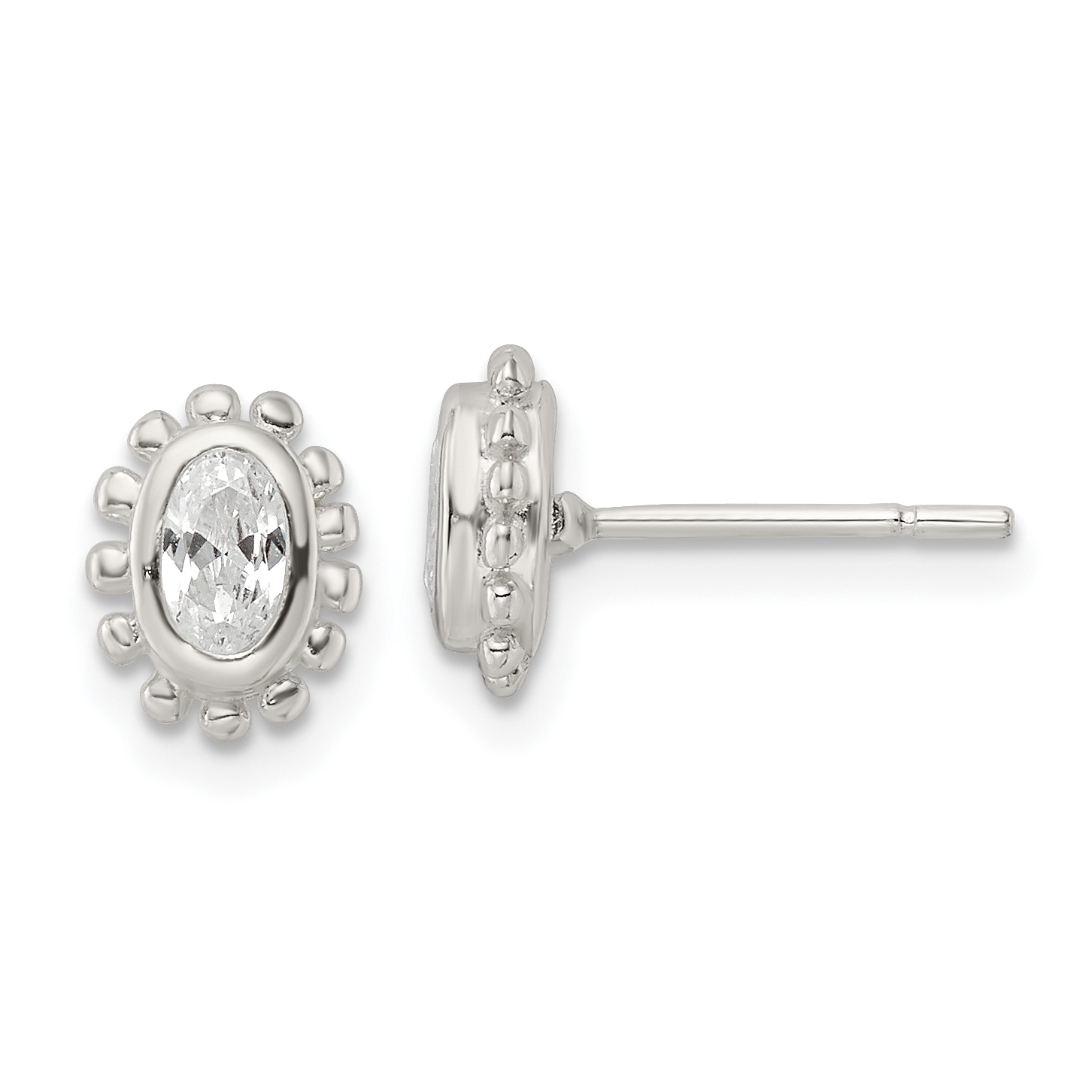 Sterling Silver Polished & Beaded Edge Oval CZ Post Earrings (QE16124)