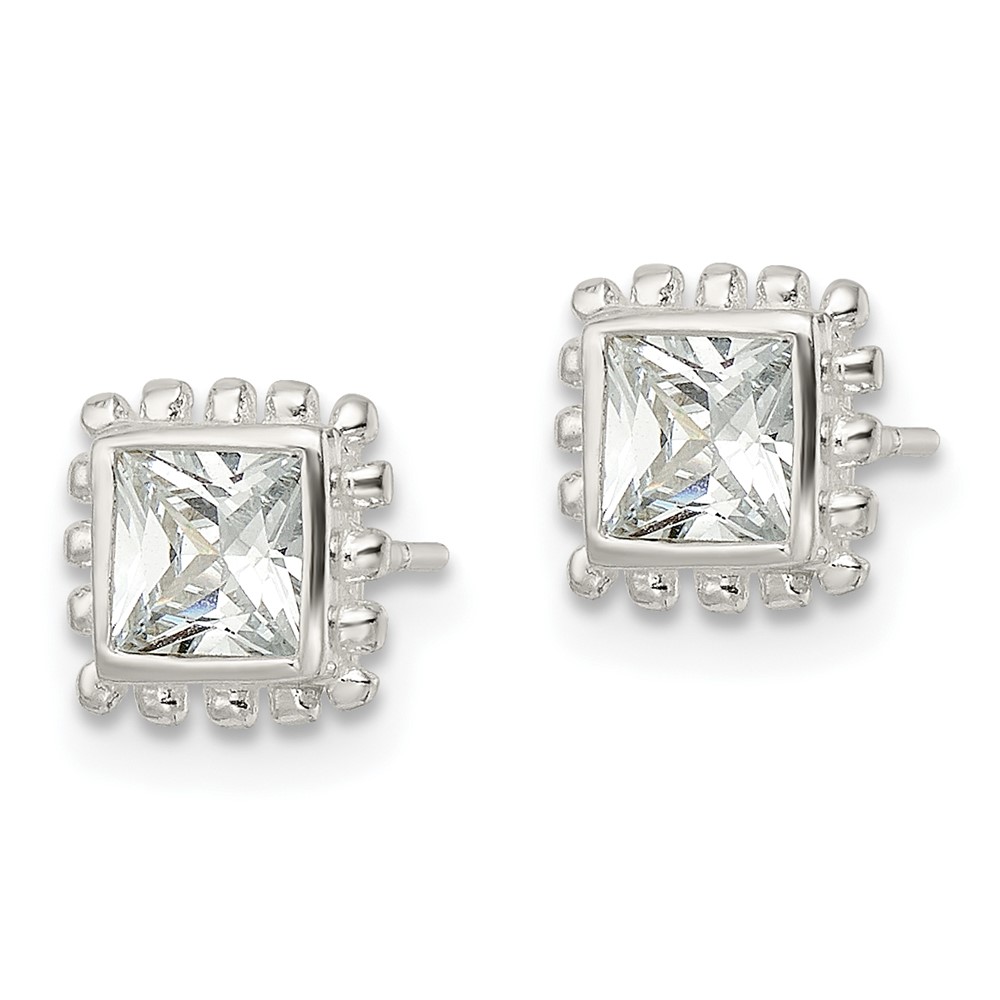 Sterling Silver Polished & Beaded Edge Square CZ Post Earrings (QE16125)