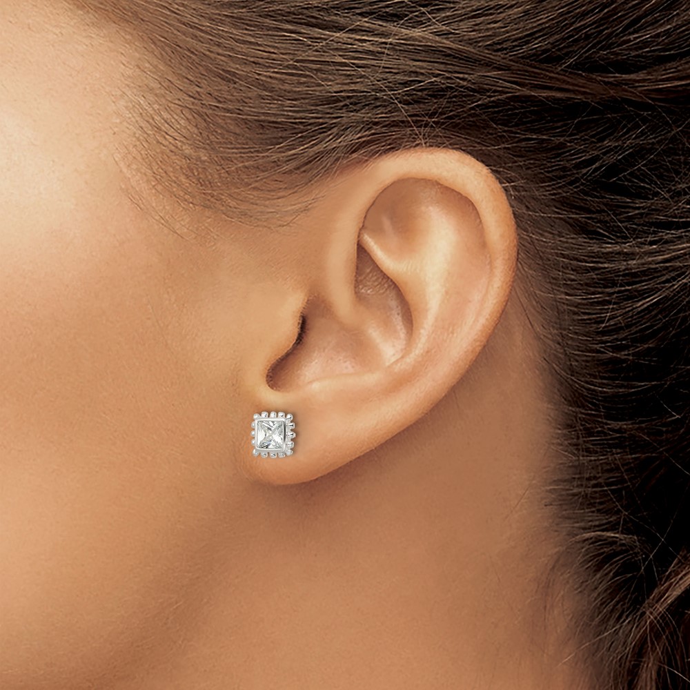 Sterling Silver Polished & Beaded Edge Square CZ Post Earrings (QE16125)