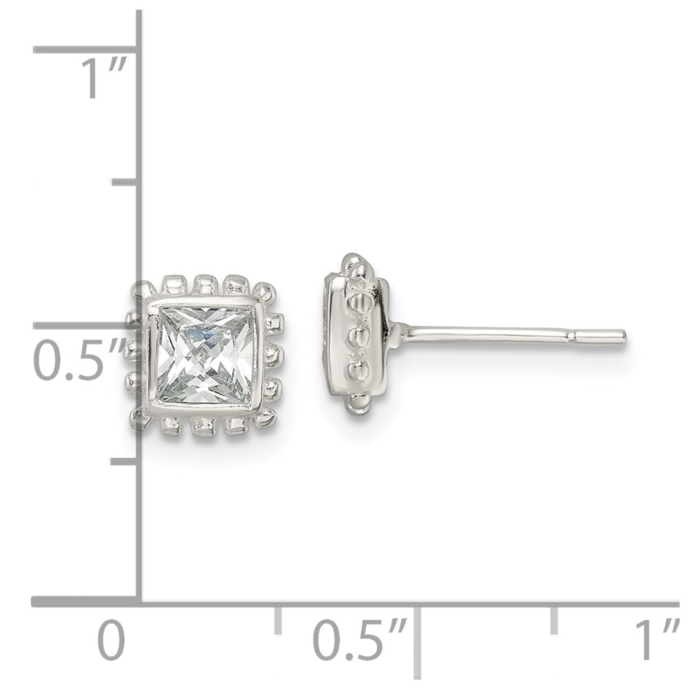 Sterling Silver Polished & Beaded Edge Square CZ Post Earrings (QE16125)