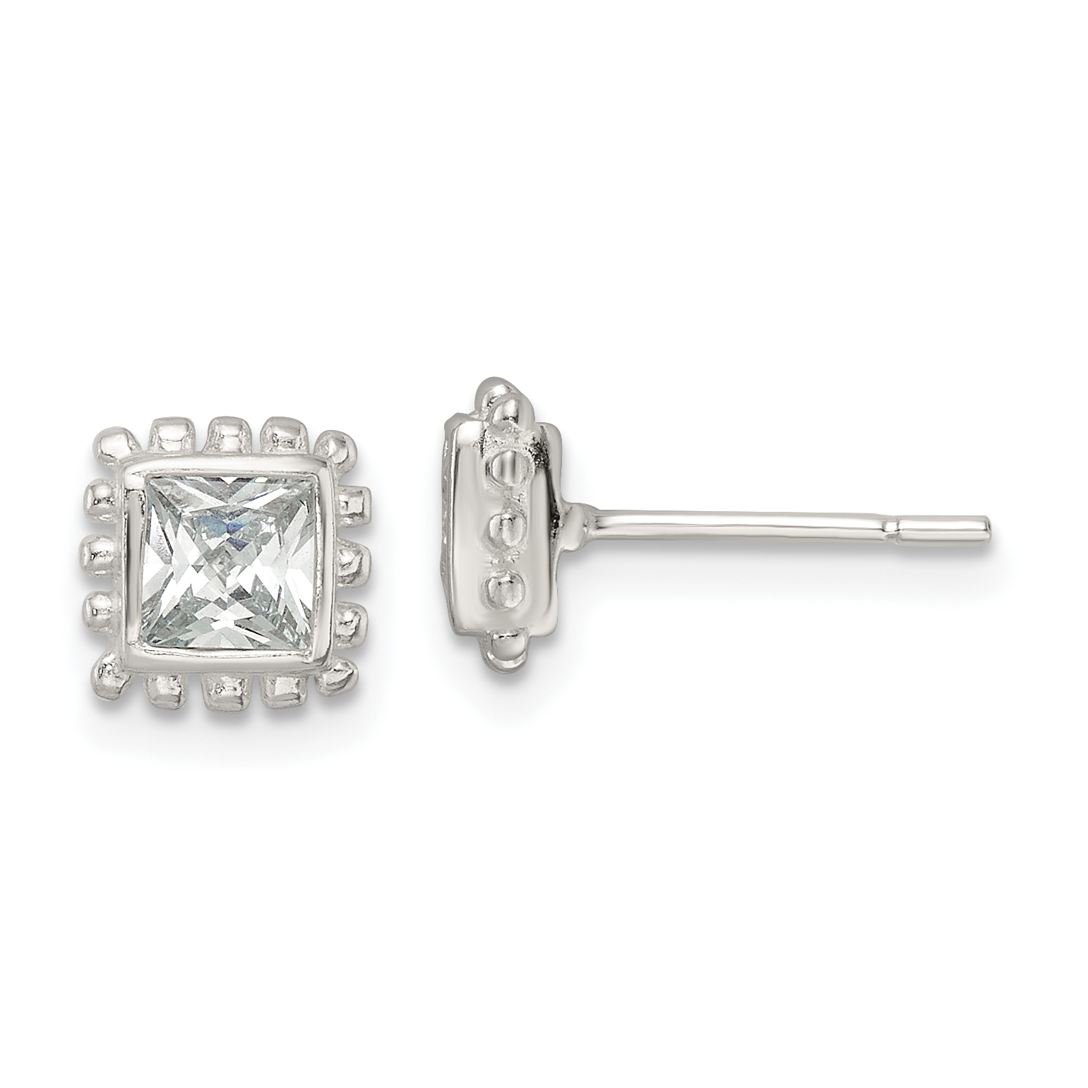Sterling Silver Polished & Beaded Edge Square CZ Post Earrings (QE16125)