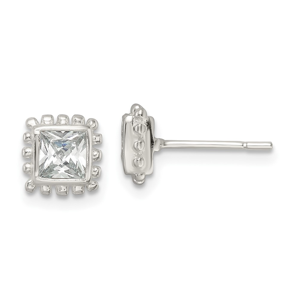 Sterling Silver Polished & Beaded Edge Square CZ Post Earrings (QE16125)