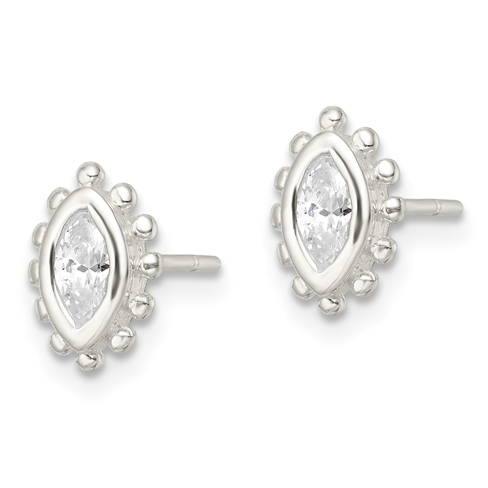 Sterling Silver Polished & Beaded Edge Marquise CZ Post Earrings (QE16126)