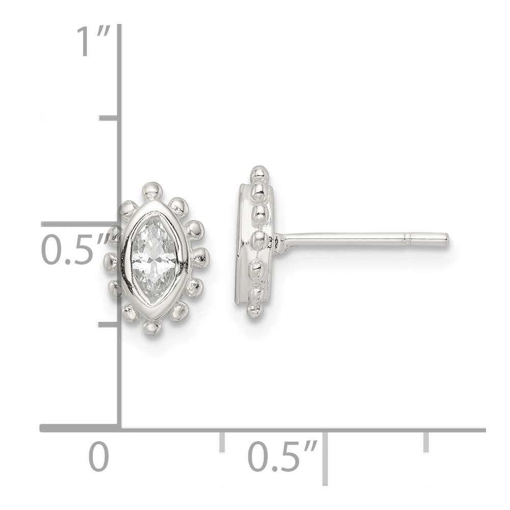 Sterling Silver Polished & Beaded Edge Marquise CZ Post Earrings (QE16126)