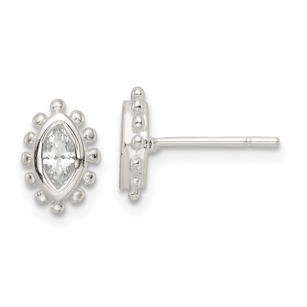 Sterling Silver Polished & Beaded Edge Marquise CZ Post Earrings (QE16126)
