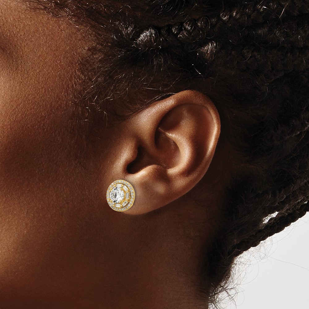 Sterling Silver Gold-tone Polished 6mm CZ Stud w/ Jackets Earrings (QE16128)