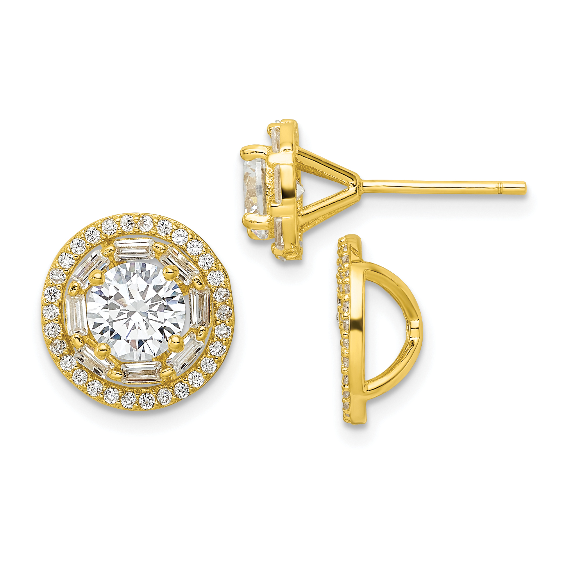 Sterling Silver Gold-tone Polished 6mm CZ Stud w/ Jackets Earrings (QE16128)
