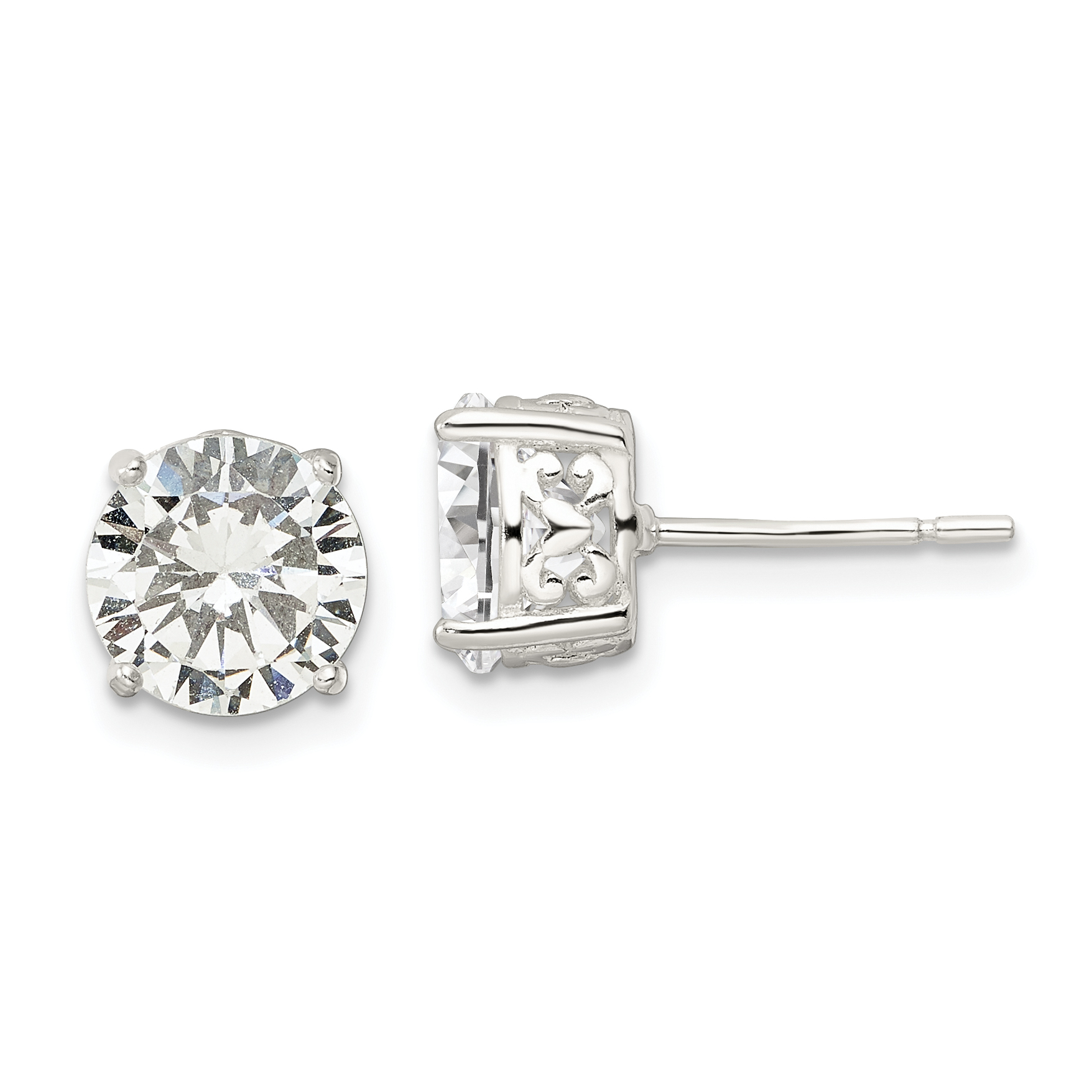 Sterling Silver Polished 8mm Round CZ Heart Basket Set Stud Earrings (QE16139)