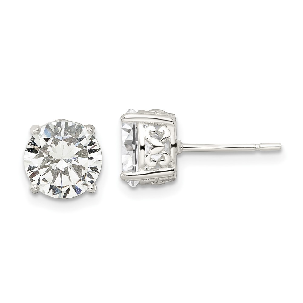 Sterling Silver Polished 8mm Round CZ Heart Basket Set Stud Earrings (QE16139)