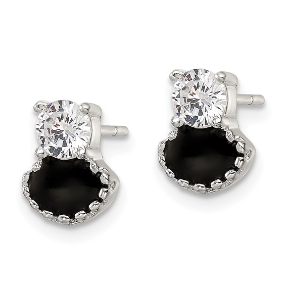 Sterling Silver Polished Black Enamel & CZ Post Earrings